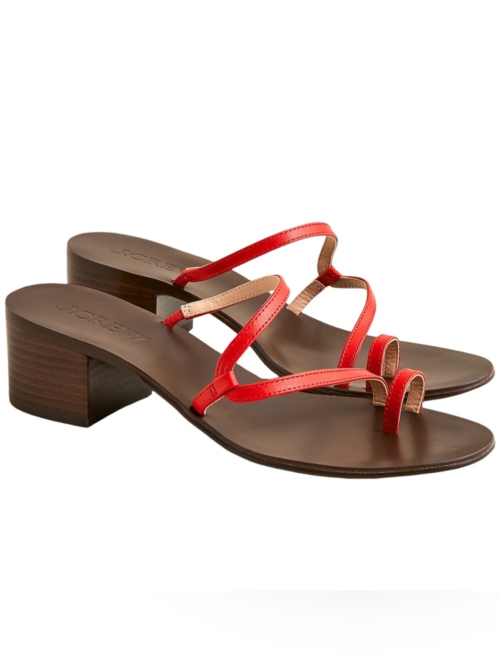 NWOB J.Crew Red Leather Strappy Low Block Heel Sandals  with Toe Ring